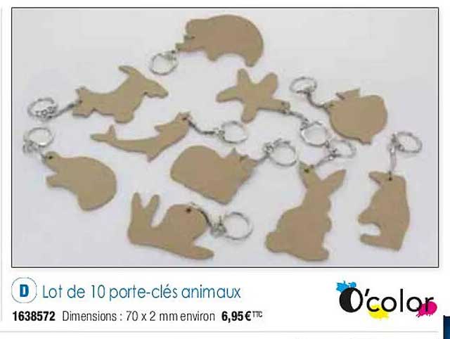 lot de 10 porte-clés animaux o'color