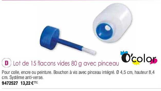 lot de 15 flacons vides 80 g avec pinceau o'color