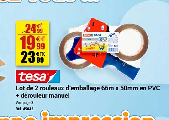 lot de 2 rouleaux d'emballage 66m x 50mm en pvc + dérouleur manuel tesa