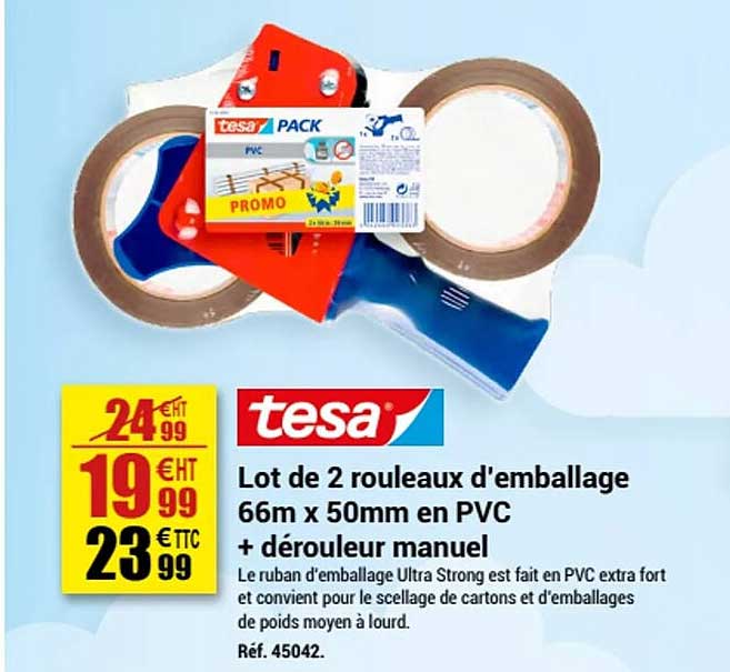 lot de 2 rouleaux d'emballage 66m x 50mm en pvc + dérouleur manuel tesa