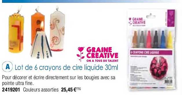 lot de 6 crayons de cire liquide 30ml graine créative