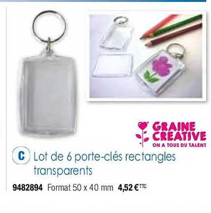 lot de 6 porte-clés rectangles transparents graine créative