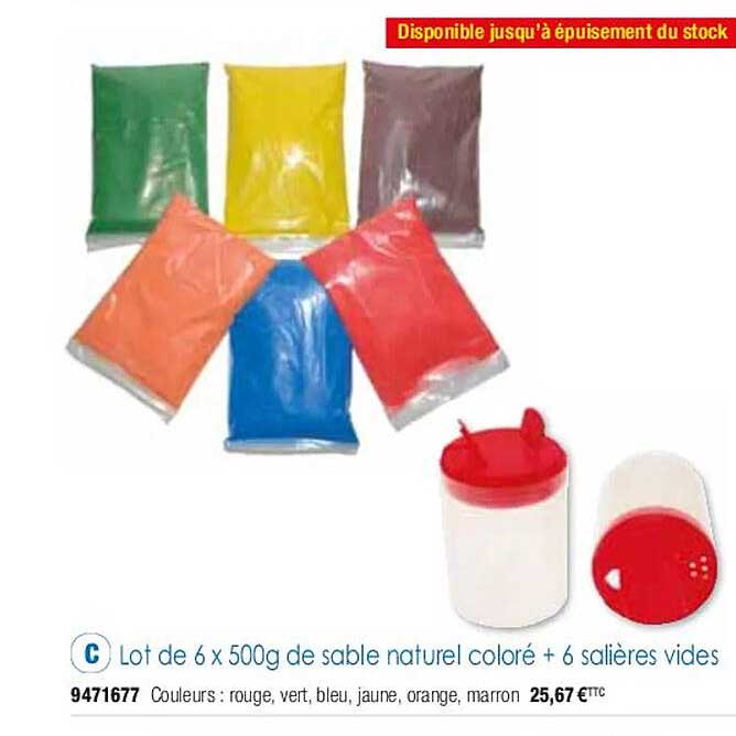 lot de 6 x 500g de sable naturel coloré + 6 salières vides