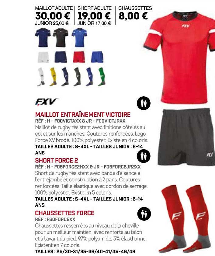 Maillot Entraînement Victoire, Short Force 2, Chaussettes Force Fxv