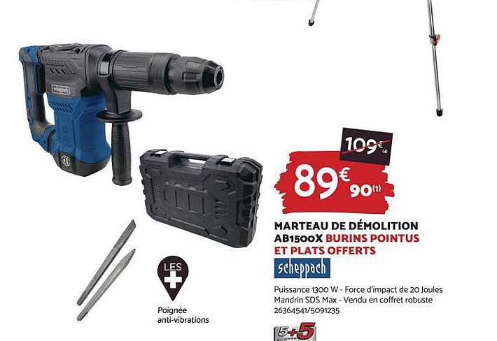 marteau de démolition ab1500x burins pointus et plats offerts scheppach