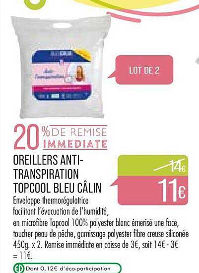 oreillers anti-transpiration topcool bleu câlin