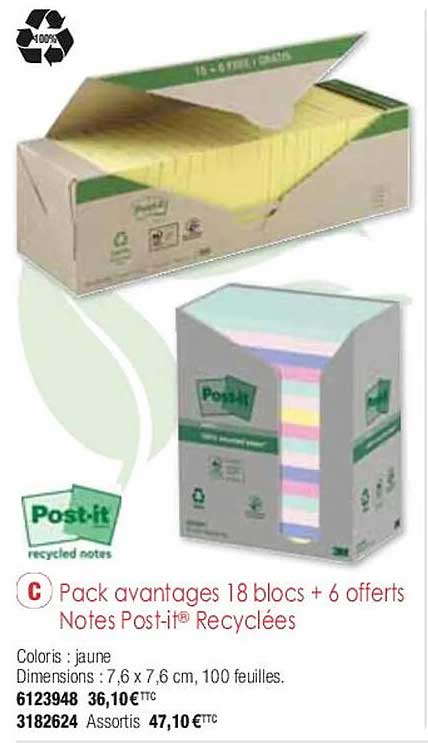 pack avantages 18 blocs + 6 offerts notes post-it recyclées