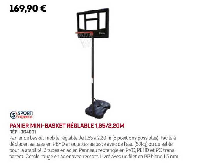 panier mini-basket réglable 1,65-2,20m sporti france