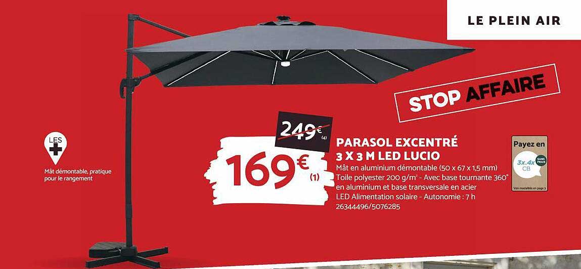 parasol excentré 3 x 3 m led lucio