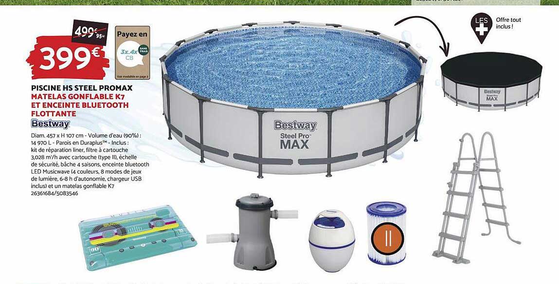 piscine hs steel promax, matelas gonflable k7 et enceinte bluetooth flottante bestway