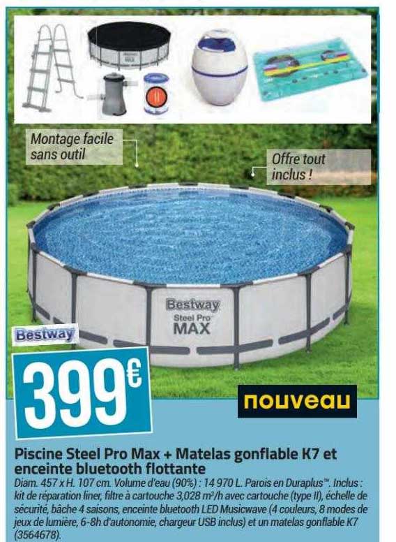 piscine steel pro max + matelas gonflable k7 et enceinte bluetooth flottante
