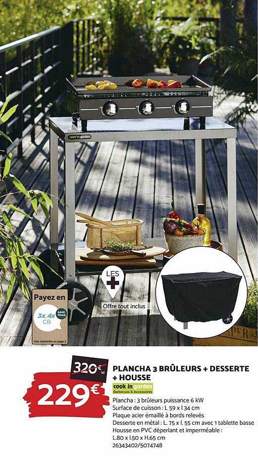 plancha 3 brûleurs + desserte + housse