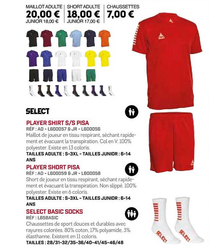 player shirt s-s pisa, player short pisa, select basic socks