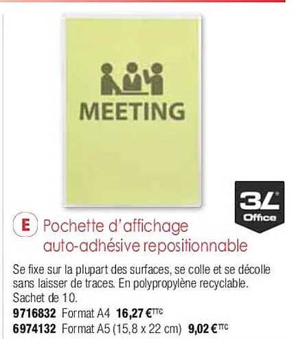 pochette d'affichage auto-adhésive repositionnable