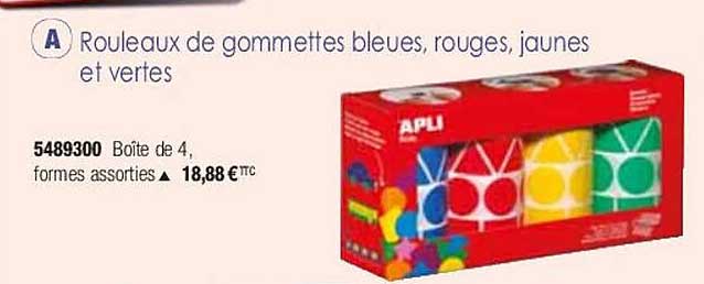rouleaux de gommettes bleues, rouges, jaunes et vertes