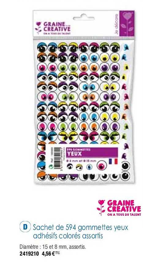 sachet de 594 gommettes yeux adhésifs colorés assortis