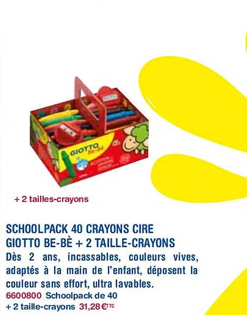 schoolpack 40 crayons cire giotto be-bè + 2 taille-crayons