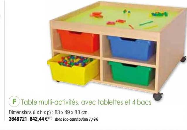table multi-activités, avec tablettes et 4 bacs