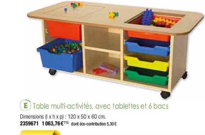 table multi-activités, avec tablettes et 6 bacs