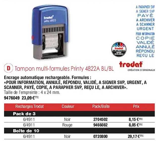 tampon multi-formules printy 1822a bl-bl trodat