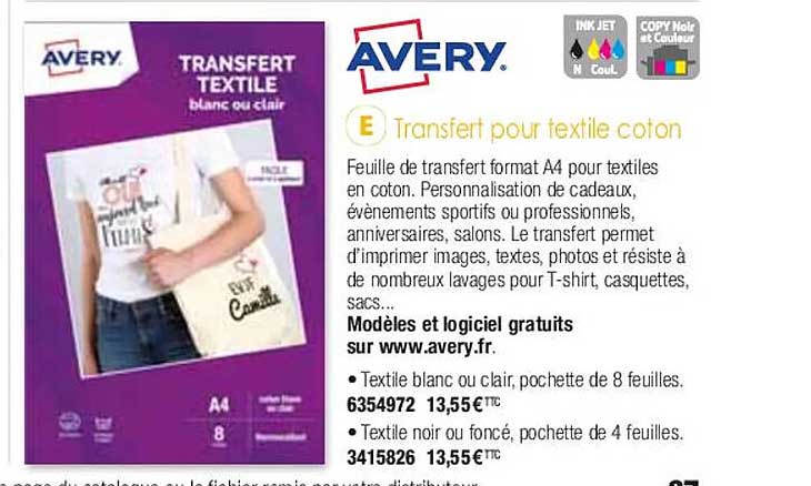 transfert pour textile coton avery