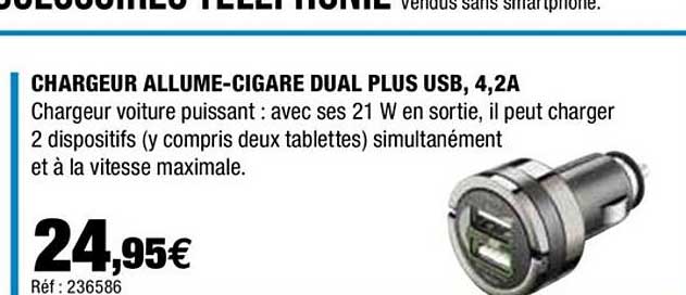 chargeur allume-cigare dual plus usb 4.2a