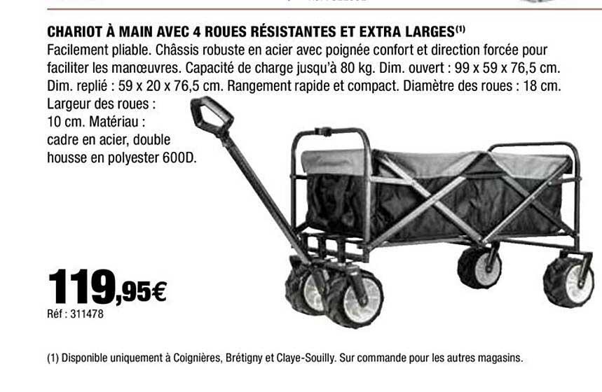 chariot à main avec 4 roues résistantes et extra larges