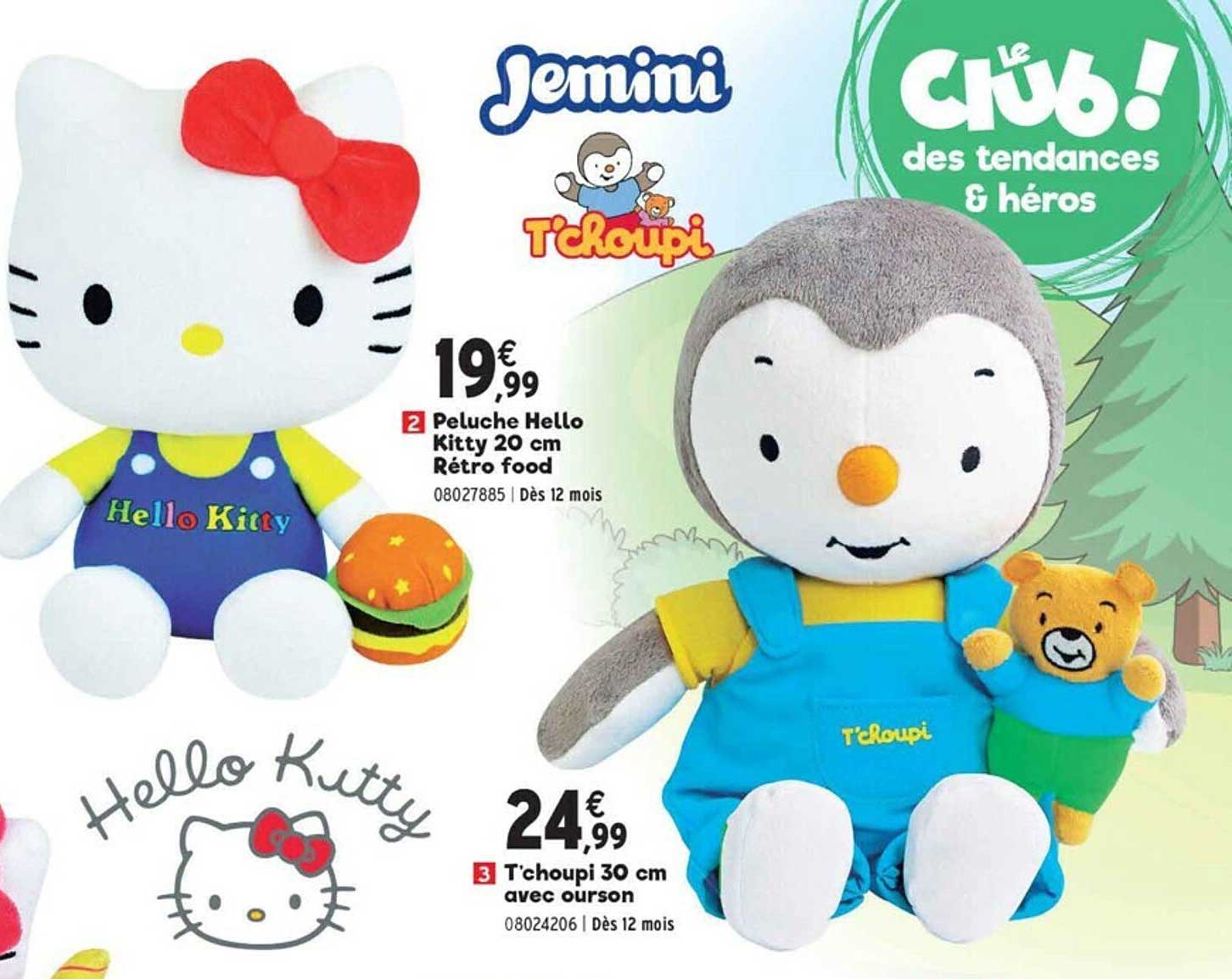peluche hello kitty 20 cm retro food, t'choupi 30 cm avec ourson