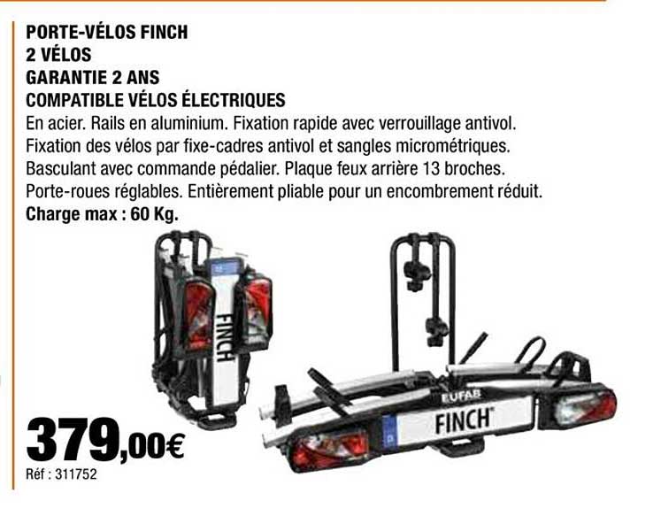 porte-vélos finch 2 vélos garantie 2 ans compatible vélos électriques