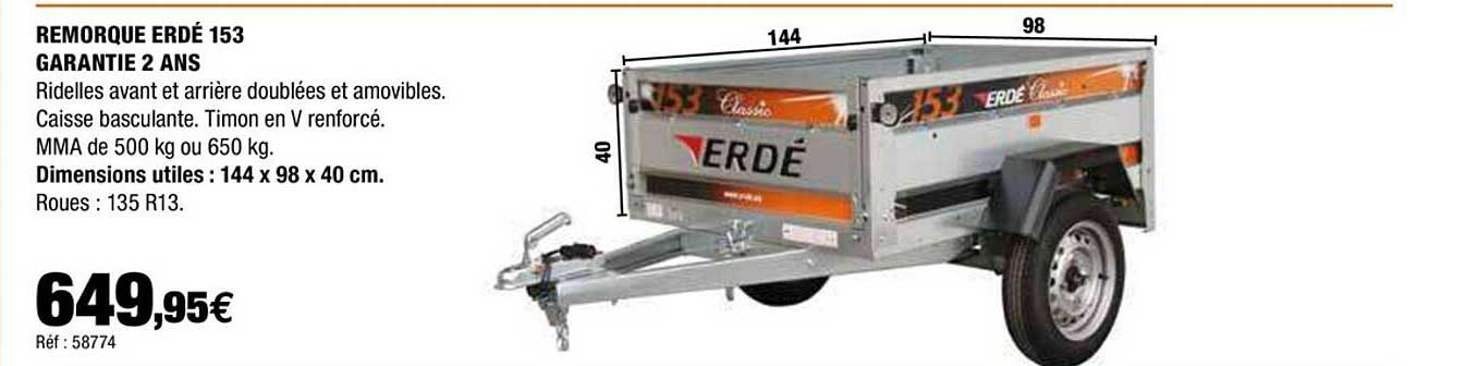 remorque erdé 153 garantie 2 ans
