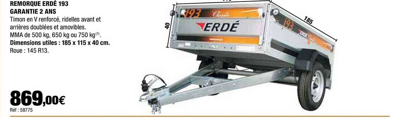 remorque erdé 193 garantie 2 ans