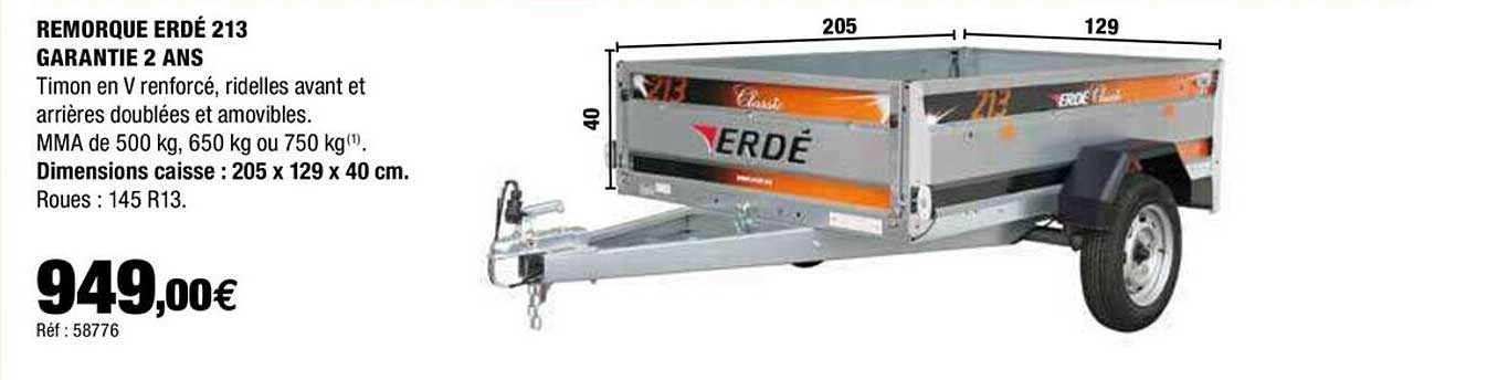 remorque erdé 213 garantie 2 ans