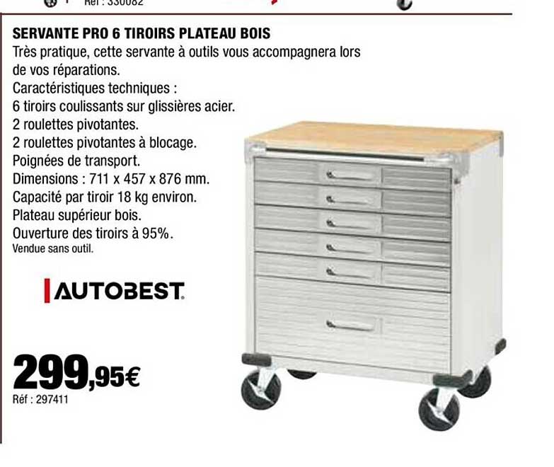 Servante Pro 6 Tiroirs Plateau Bois