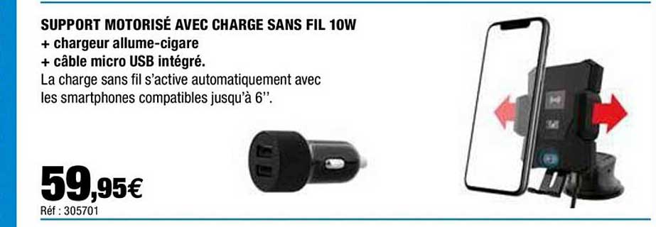 support motorisé avec charge sans fil 10w + chargeur allume-cigare + câble micro usb intégré