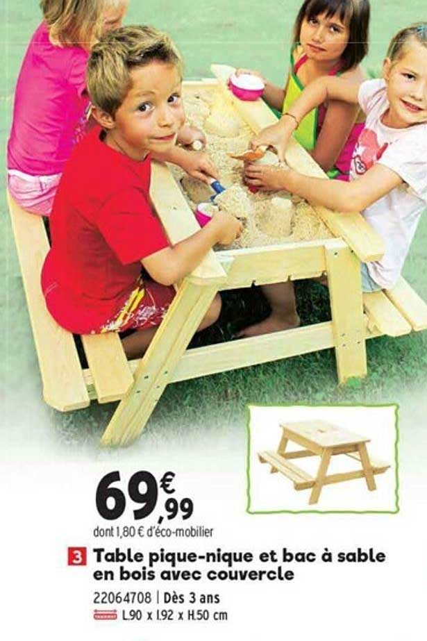table pique-nique et bac a sable en bois avec couvercle