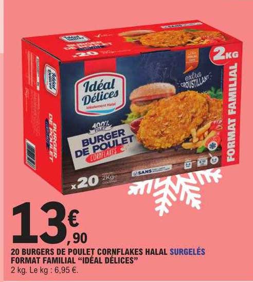20 burgers de poulet cornflakes halal surgelés format familial "idéal délices"