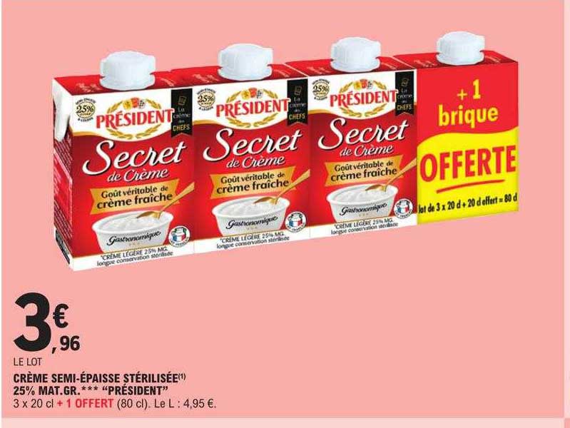 crème semi-épaisse stérilisée 25% mat.gr. "président"