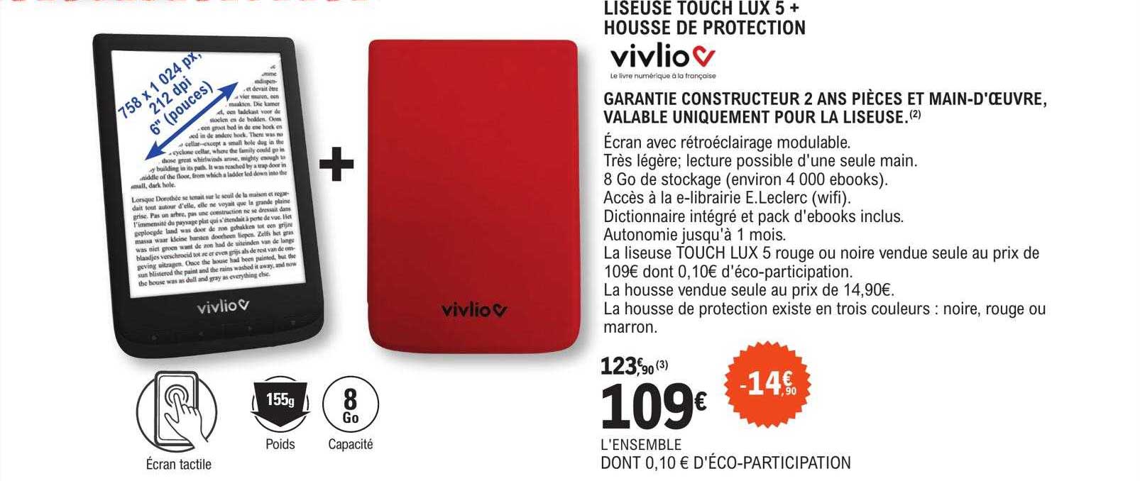 liseuse touch lux 5 + housse de protection vivlio