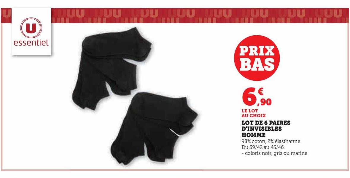 lot de 6 paires d'invisibles homme u essentiel