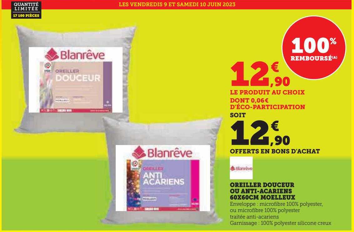 oreiller douceur ou anti-acariens 60 x 60 cm moelleux blan rêve