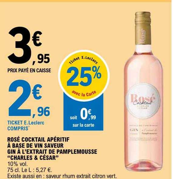 rosé cocktail apéritif à base de vin saveur gin à l'extrait de pamplemousse "charles à césar"