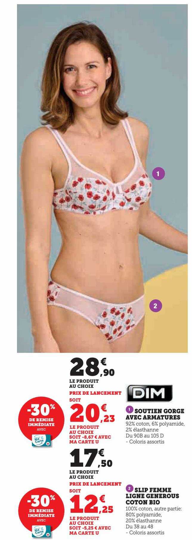 soutien-gorge avec armature dim paris, slip femme ligne generous coton bio dim paris