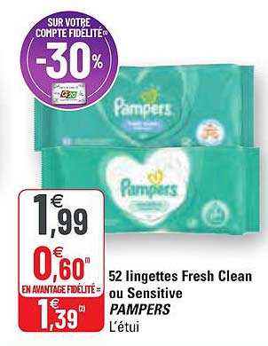 52 Lingettes Fresh Clean Ou Sensitive Pampers