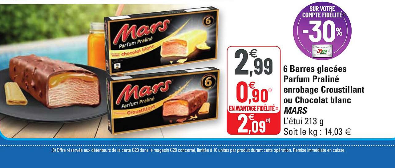 6 barres glacées parfum praliné enrobage croustillant ou chocolat blanc mars