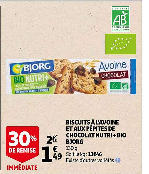 biscuits à l'avoine et aux pépites de chocolat nutri+ bio bjorg