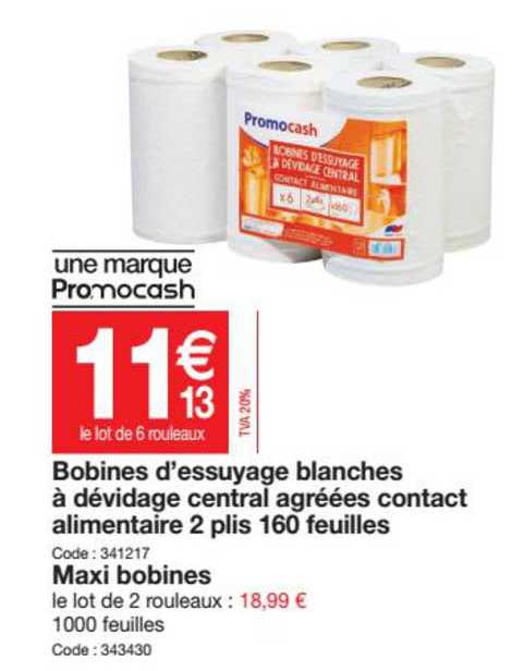 Bobines D'essuyage Blanches à Dévidage Central Agréées Contact Alimentaire 2 Plis 160 Feuilles, Maxi Bobines