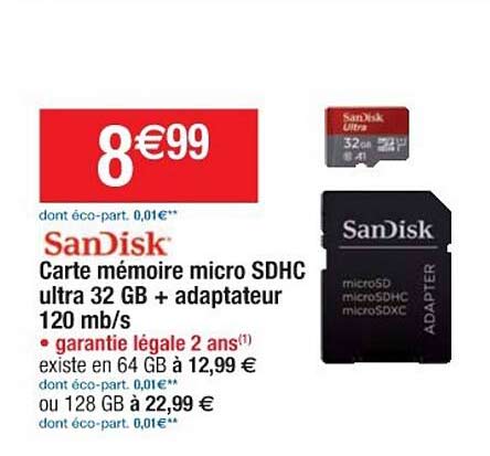 carte mémoire micro sdhc ultra 32 gb + adaptateur 120 mb-s sandisk