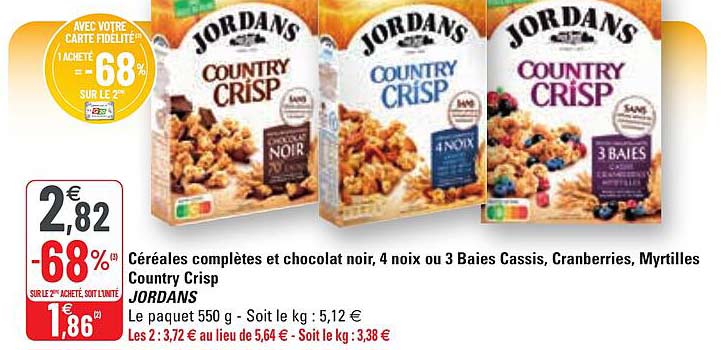 céréales complètes et chocolat noir, 4 noix ou 3 baies cassis, cranberries, myrtilles country crips jordans