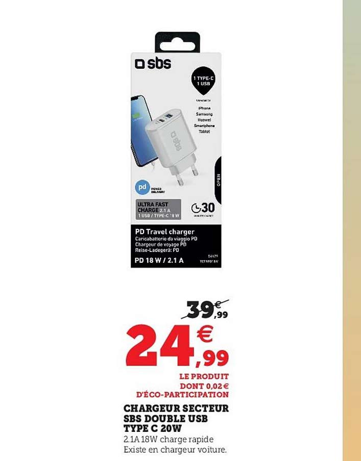 chargeur secteur sbs double usb type c 20w