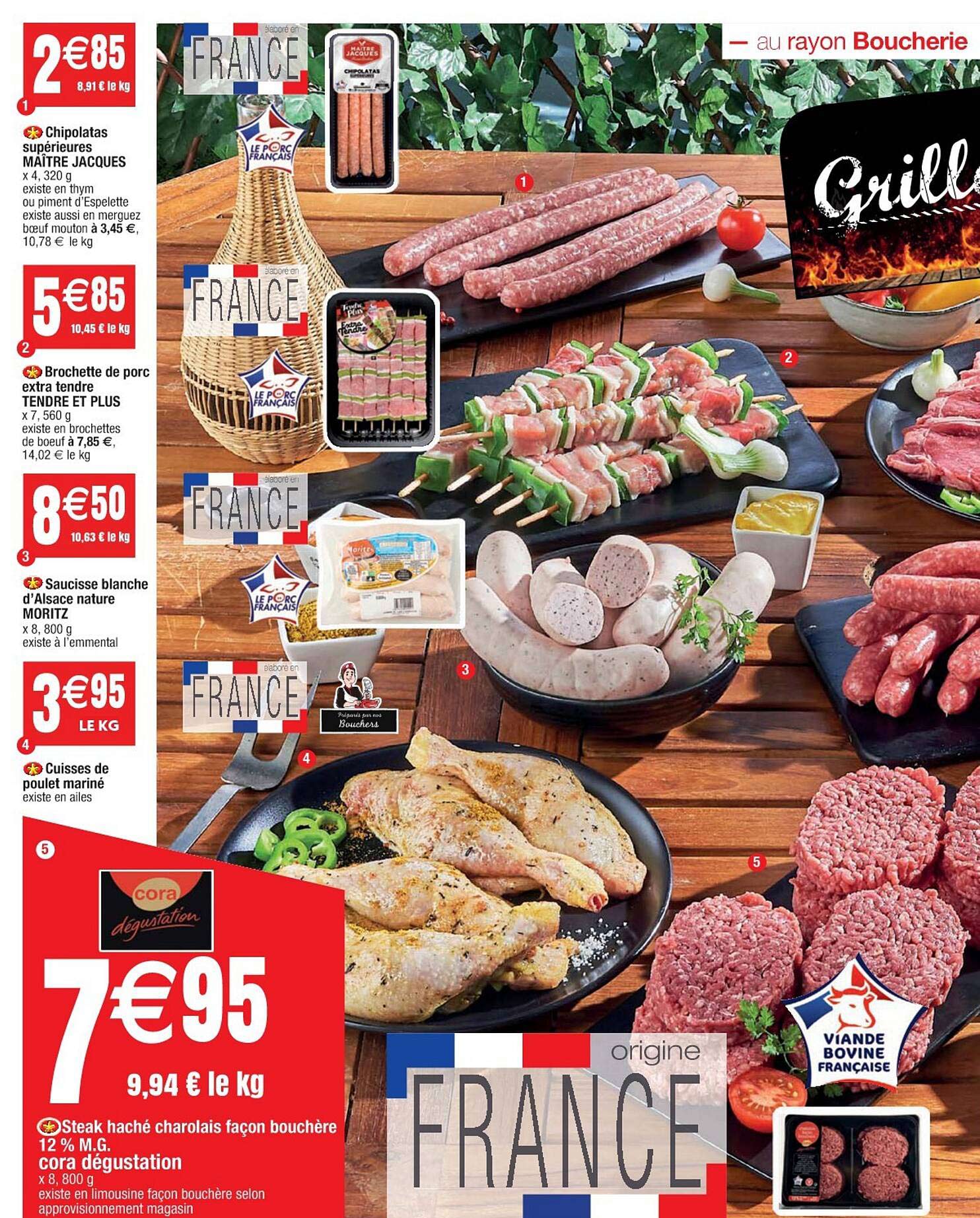 chipolatas supérieurs maître jacques, brochette de porc extra tendre tendre et plus, saucisse blanche d'alsace nature moritz, cuisses de poulet mariné